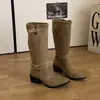 Botas de equitación de moda para mujer 2026 otoño, color liso estilo retro, adelgazantes y favorecedoras, punta fina, con hebilla, tacón grueso de gamuza, altura media de la pantorrilla