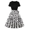 Vestido feminino de verão novo, estilo retrô europeu e americano, gola redonda, manga curta, estampa de retalhos preta, venda direta da fábrica transfronteiriça