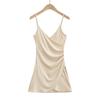 Verano Nuevo Europeo y Americano Deseo Puro Chica Caliente Fino Hoyuelo Sumergido Lateral Plisado Tirante Falda Corta Color Sólido Vestido sin Espalda