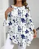 Nuevo Top de Comercio Exterior Transfronterizo Estilo Redondo Azul y Blanco Floral Manga Tres Cuartos, Camiseta Suelta y Elegante de Manga Corta