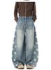 Jeans Estampados com Estrelas Americanas Masculinos Outono Tendência Marca Costura Calças Cimitarra Design High Street Calças de Perna Larga