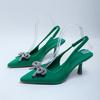 Nuevas sandalias 2023 para mujer tacones altos punta fina tira trasera lazo cadena de pedrería stiletto brillante escote bajo zapatos de mujer
