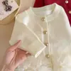 Nuevo cárdigan de punto con retazos de malla para niñas, top liso de encaje para bebé de primavera y otoño, chaqueta suéter para niños estilo coreano