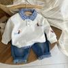 Atuendo Elegante para Bebé Niño Primavera y Otoño 2025: Moda Cuello Cuadros Manga Larga Estampado de Perros Falso Dos Piezas Ropa Infantil