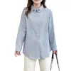 Camisa Feminina Plus Size Nova Estilo Outono Fresca e Simples Manga Longa com Gola Bordada de Gato e Listras, Adequada para 90 kg, 0717