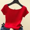 Camiseta de Fondo de Verano Tejida de Seda de Hielo Camiseta de Manga Corta con Un Hombro Descubierto para Mujer Slim Color Sólido Manga Media Top con Hombros Descubiertos