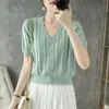 Camiseta de punto de algodón puro de manga corta, nuevo estilo de verano, cuello en V, cárdigan fino de ganchillo calado a la moda, top corto cómodo para mujer