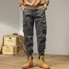 Calça Larga Pesada de Guindaste Japonesa Outono/Primavera Calças Masculinas Calças Casuais Zíper Barra Ajustada Tingimento em Peça Múltiplos Bolsos