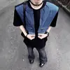 Shorts de Verano de Mezclilla con Empalme Falso de Dos Piezas Estilo Americano Manga Corta Estilo Europeo y Americano Conjunto de Gama Alta Camiseta de Hombro Derecho Peso Pesado Manga Media