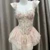 Puro e Desejável Estampa Floral Doce Espartilho Fishbone com Bojos Afinando Sexy Vestido Lingerie Colete de Junção