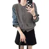 Cárdigan de Punto Patchwork con Mangas de Mezclilla Transfronterizas para Mujer Otoño/Invierno 2026 Nuevo Suéter de Punto con Bloques de Color de Cuello Redondo Chaqueta Top