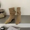 Botines de tacón de bloque con punta cuadrada y acabado suave para mujer 2026 Otoño/Invierno Nuevas Llegadas Suela Suave Versátiles Adelgazantes Súper Delgadas Botas de Moda