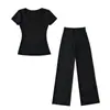 Conjunto de Ropa de Casa: Camiseta de Manga Corta Ajustada con Cuello en U Estilo 'Hot Girl' + Pantalones Rectos Sueltos de Cintura Estrecha con Cordón