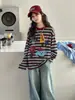 Camiseta de Manga Larga para Niñas de Primavera y Otoño Ropa Infantil Top Rayado de Dibujos Animados Camiseta de Cuello Redondo Conjunto Versátil para Jeans