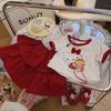 Conjunto de Saia Fofa Estilo Coreano para Meninas Verão Infantil Novo Estilo Ocidental Desenho Animado Laço Saia de Manga Curta Conjunto de Duas Peças