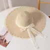 Sombrero de Paja con Cordones de Encaje Perlado para Mujer, Sombrero de Sol de Ala Ancha para Vacaciones en la Playa de Verano, Sombrero de Protección Solar con Ala Ancha