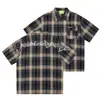 Savagebase Marca de Moda Callejera Nicho Textura de Letras Bordado Holgada Manga Corta Cuadros Algodón Camisa para Hombres y Mujeres Ins