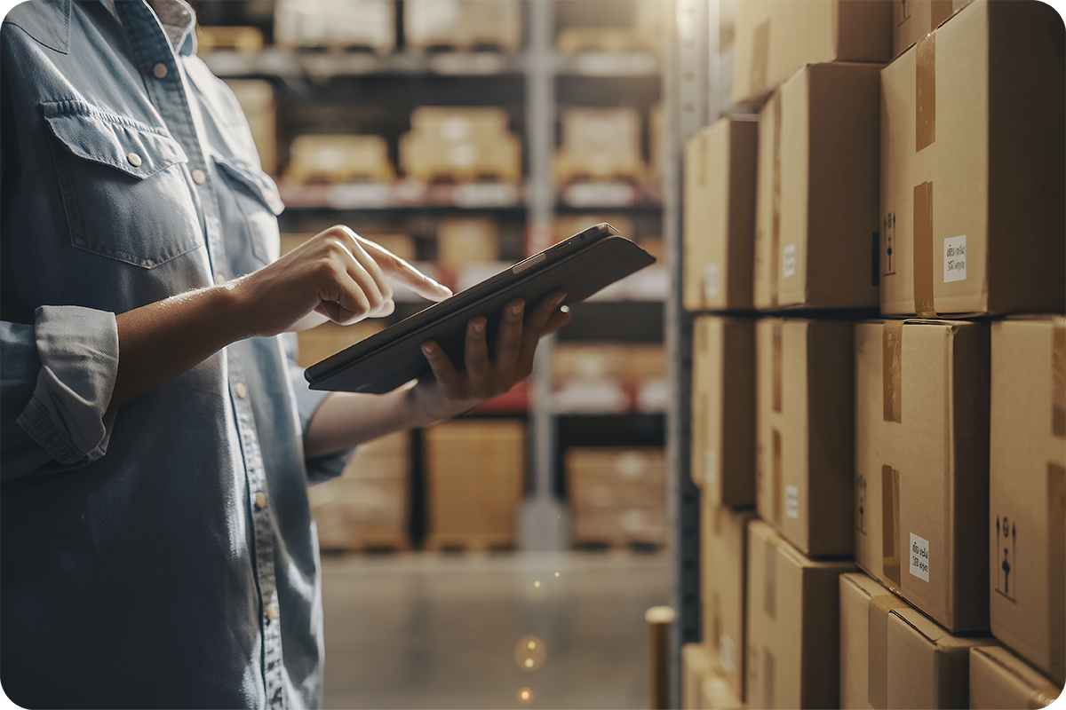 Profissional consultando tablet em galpão de estoque com caixas empilhadas, representando o processo de verificação e validação de fornecedores confiáveis na China