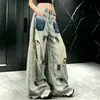 Jeans unissex moderno e descolado estilo americano para o verão, com estampa splash ink e efeito desgastado, novo para 2026, para casais, estilo high-street, perna reta, casual, perna larga