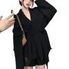 Cardigan de Tricô Casual Novo Estilo Outono 2025 com Efeito Único e Emagrecedor, Macio e Aconchegante com Detalhe de Amarração para Mulheres