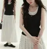 Raro Top de Malha RARF "Island Holiday" Falso Duas Peças com Decote U Camisola Vintage Camada para Mulheres