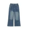Pantalones para Niñas Primavera Otoño 2026 Nuevos Elegantes para Niños Grandes Jeans Estilo Coreano Pierna Recta Holgada Bordados Pantalones de Pierna Ancha para Niños