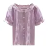 Blusa de gasa para mujer de manga corta 2025 estilo coreano verano nuevo versátil que cubre el vientre adelgazante morado dulce camisa de gasa