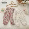 Pantalones Repelentes de Mosquitos para Niñas, Pantalones de Verano Finos Nuevos Estilosos de Flores tipo Linterna, Pantalones Casuales de Moda con Puño