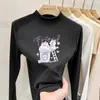 Camiseta casual de manga comprida infantil, novo estilo 2026, camada interna quentinha para meninas, top com gola alta e meio zíper em fleece dupla face