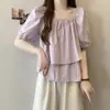 Camisa Cuadrada de Manga Abullonada Estilo Francés Talla Grande para Mujer, Moda de Verano, Blusa de Alto Gama Estilo Muñeca, Favorecedora para Mujeres con Curvas, Top Adelgazante