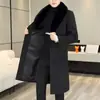 Casaco de lã masculino longo abaixo do joelho outono e inverno moderno casual masculino espessado gola grande de pele corta-vento casaco de lã masculino