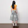 Jeans Naranja Infantil de Doble Cintura de Alta Gama de Pierna Ancha para Mujer, Corte Holgado, Adelgazantes, Lavados, Modernos, Versátiles, de Pierna Recta, Pantalones Cortos.