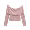 Camiseta de Manga Larga Off-Shoulder con Solapa Estilo Puro Deseo Chica Atractiva 2026 Primavera Nuevo Ajuste Delgado Corto Color Sólido Top