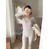 XIA'X Xiaxia Girl conjunto de dos piezas de camiseta interior básica de doble cara cepillada de alta elasticidad con cuello redondo conjunto de ropa interior térmica