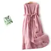 Vestido Largo de Verano 2026 Nuevo Vintage Holgado con Cordones Manga Tres Cuartos Adelgazante Color Sólido Estilo Fresco para Mujer