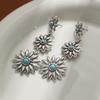 Aretes de Girasol Étnicos Retro Europeos y Americanos de Plata Antigua de Alta Gama para Mujer Aretes Bohemios de Turquesa Accesorios para Banquetes