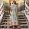 Estación Independiente Amazon Transfronterizo Nuevo Vestido de Comercio Exterior Europeo y Americano Retro Estampado Verde Vestido Ajustado Algodón de Verano para Mujer
