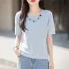 Elegante Top de Punto con Cuello Redondo, Manga Corta y Adorno de Perlas para Mujer, Camiseta Fina de Tencel para Verano, Suéter Holgado de Moda