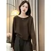 Suéter de tricô aberto, estilo coreano, com caimento solto, para mulheres, apresentando gola redonda, mangas compridas e um design chique e versátil que exala estilo
