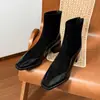 5598-8 Botines cuadrados de cachemir con retazos para mujer con tacón alto grueso, botas Martin versátiles de ajuste ceñido con cremallera trasera y característica antideslizante