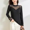 [Hengjia Qzl] Tricô Ligeiramente Translúcido com Strass Quente Gola Redonda Manga Longa 2025 Outono Mistura de Lã Slim Top Interno
