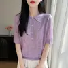 Transfronterizo 2026 Verano Nuevo Estilo Suéter de Punto Fino de Lana para Mujer con Cuello Polo de Manga Corta y Diseño Hueco, Camiseta Base Fina de Cuello Solapa