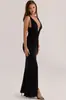 Vestido Largo de Color Sólido de Alta Gama con Tirantes Finos, Cuello en V Profundo, Cintura Fruncida, Falda de Sirena con Abertura, Espalda Descubierta con Cremallera