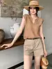 Camiseta de Tricô sem Mangas com Decote V de Linho Estilo Old Money para Mulheres Roupa de Verão Top Colete Emagrecedor