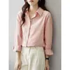 Enviado: Nova coleção de outono 2026, camisa rosa de manga longa em algodão puro, blusa feminina, adequada para o trabalho e uso casual, camisa branca