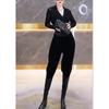 88185 Big Beauty Yiyuan Moda Nova 2023 Top Preto Manga Longa Decote V Slim Calça Harem Slim Roupa Feminina