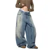 Jeans Anchos Desgastados Estilo Retro Americano con un Diseño Único para Mujer, Nuevo Estilo de Verano, Corte Holgado, Adelgazantes, Pantalones Anchos de Pierna Larga hasta el Suelo