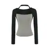 Camiseta de Manga Larga con Cuello Halter de Dos Tonos Falsa de Dos Piezas para Mujer, Nuevo Estilo Otoño 2026, Camiseta Básica Ajustada de Cuello Cuadrado para Chica Popular