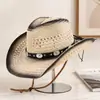 Sombrero vaquero de paja tejida con diseño calado estilo retro americano para hombre y mujer, sombrero vaquero versátil para protección solar de verano