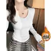 Cuello redondo manga larga capa base de forro polar corte ajustado estiliza otoño e invierno nuevo estilo chica popular hombro normal prenda interior cálida top para mujer